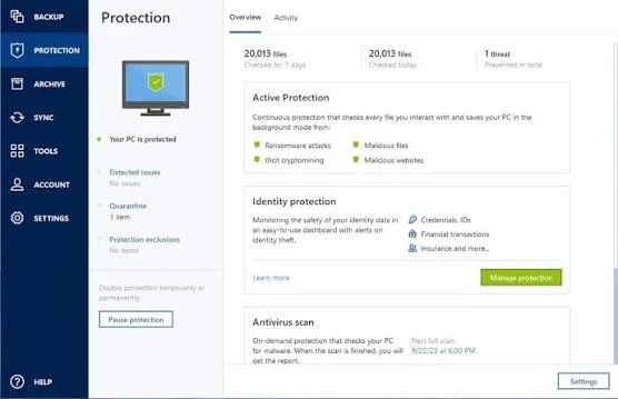 Acronis True Image Full: panel de protección con backup, antivirus y protección antiransomware activos