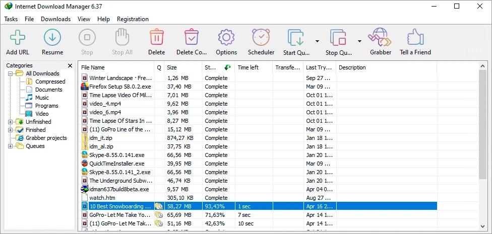 Internet Download Manager en español: categorías de descargas organizadas por tipo de archivo
