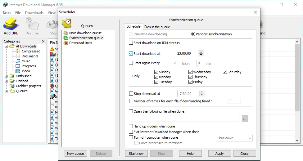 IDM para Windows: programador de descargas con la cola de archivos pendientes