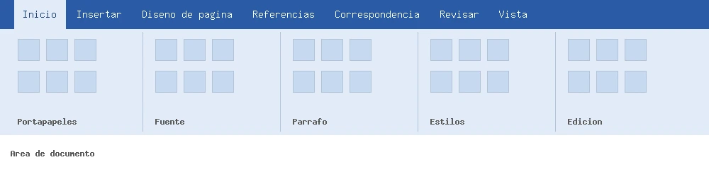 Esquema de la interfaz Ribbon (cinta de opciones) introducida en Office 2007, con pestañas y grupos de comandos